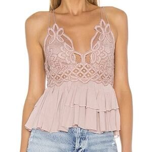 Free People Adella Cami Pink Mauve Boho Chic Lace Top Strappy BlouseXS FP One